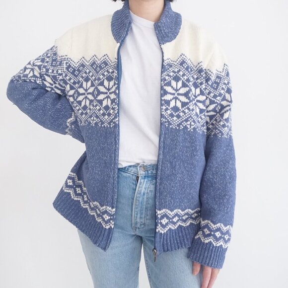 Sweaters - Vintage Tradition Blue Cream Snowflake Winter Knit Zip Up Cardigan Sweater L